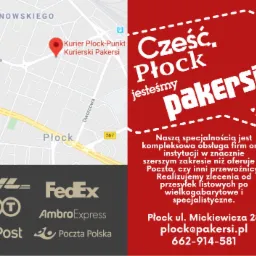 Mapa Płocka z zaznaczoną lokalizacją Kurier Płock-Punkt Kurierski Pakersi, obok logotypy firm kurierskich DHL, FedEx, TNT, AmbroExpress, InPost i Poczta Polska, oraz oferta firmy Pakersi...