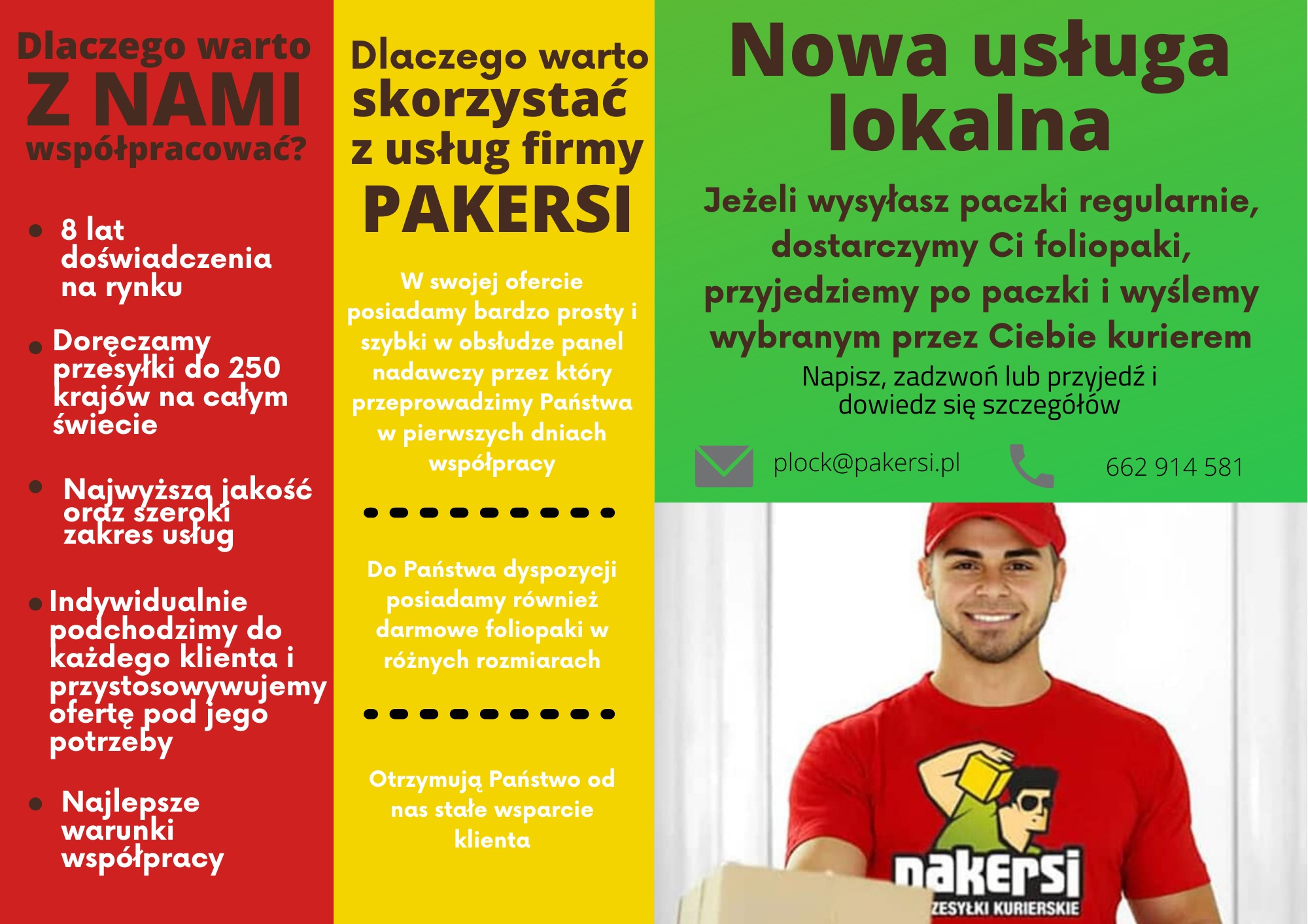 Plakat reklamowy firmy kurierskiej z uśmiechniętym kurierem w czerwonej koszulce z logo firmy trzymającym paczkę, na tle tekstu o ofercie firmy.