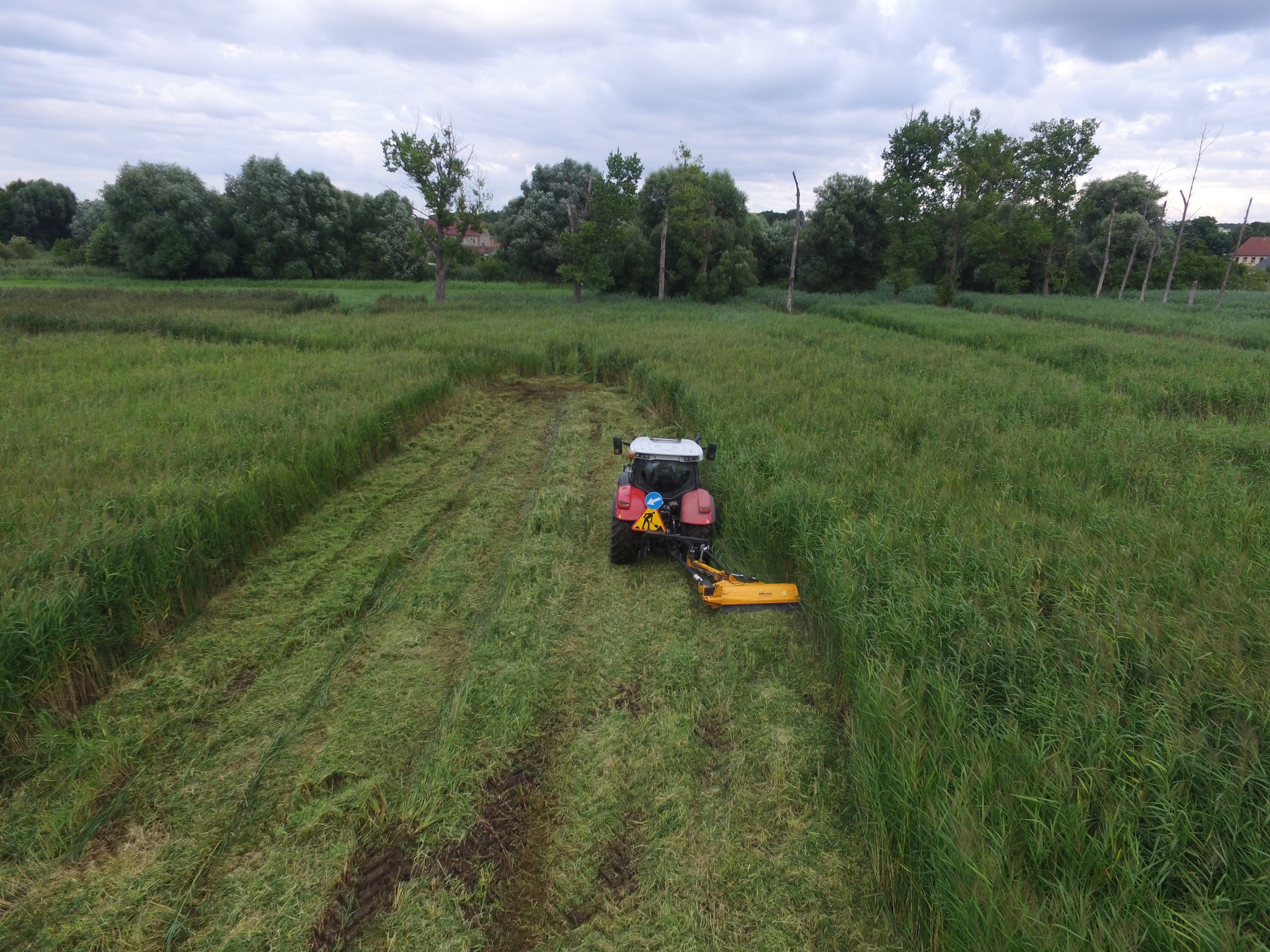 Czerwony traktor z żółtą kosiarką rotacyjną tnie wysoką trawę na podmokłej łące, widok z góry na tle drzew i pochmurnego nieba.