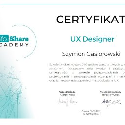 Certyfikat ukończenia kursu projektanta doświadczeń użytkownika (UX Design) 