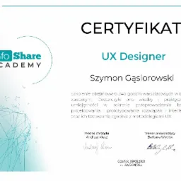 Certyfikat ukończenia kursu projektanta doświadczeń użytkownika (UX Design)