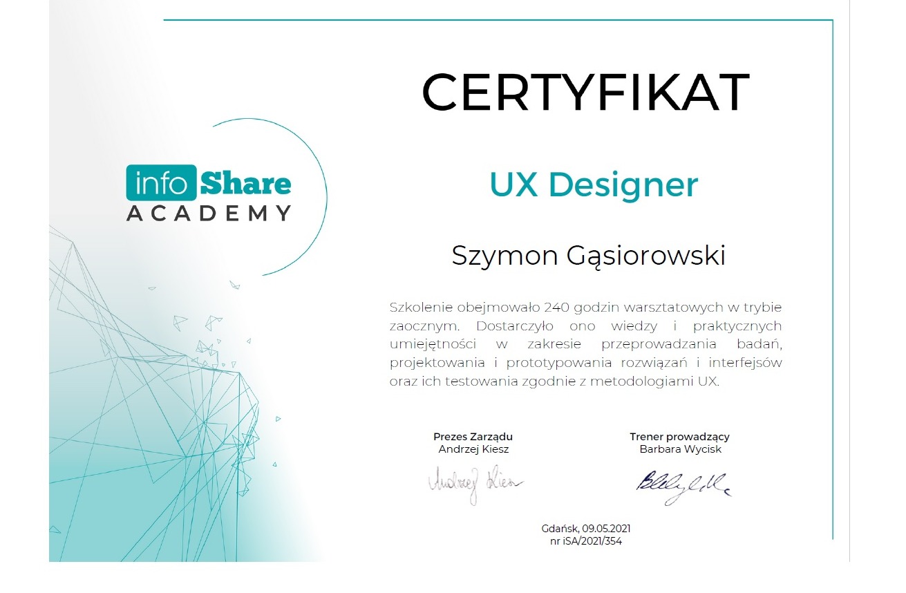 Certyfikat ukończenia kursu projektanta doświadczeń użytkownika (UX Design)