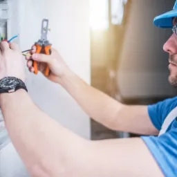 Elektryk w niebieskim kasku i okularach ochronnych, z zegarkiem na ręce, obrabia kable w skrzynce elektrycznej za pomocą szczypiec do zdejmowania izolacji.