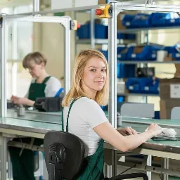 Pracownica w zielonym kombinezonie siedzi przy stanowisku montażowym z elementami pneumatyki i pojemnikami na części w tle, uśmiechając się do kamery. Druga pracownica w tle również pracuje przy...