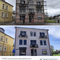 PSWG Czyszczenie Specjalistyczne , remonty i wykończenia - Dwa ujęcia kamienicy z balkonami: górne z rusztowaniami i szarą elewacją, dolne po renowacji, z czystą, jasnoróżową fasadą.