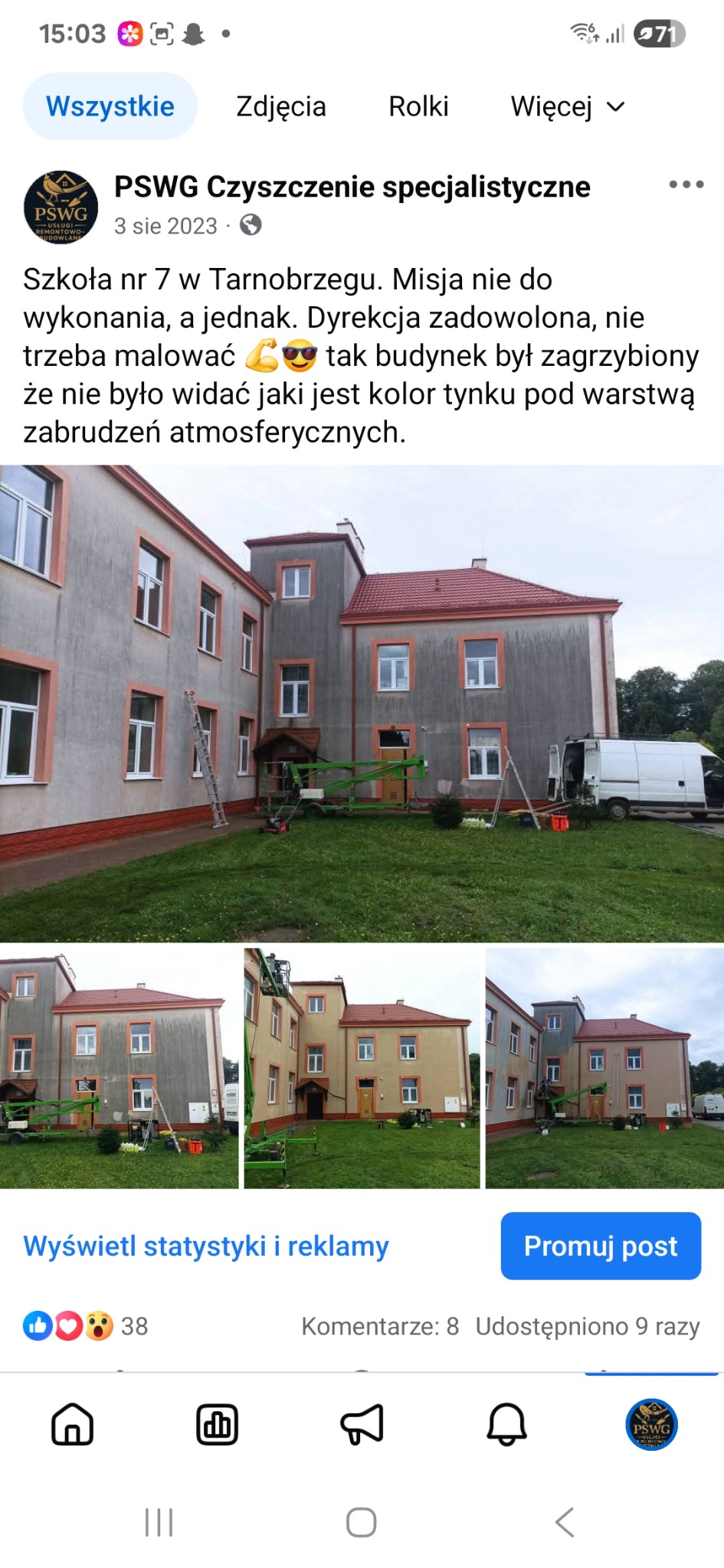 Szary budynek szkoły w trakcie czyszczenia elewacji. Widoczny podnośnik koszowy, drabina i samochód dostawczy. Częściowo oczyszczona fasada ukazuje jaśniejszy kolor tynku.