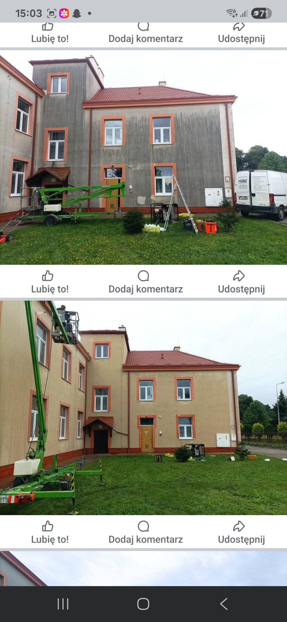 Budynek przed i po odświeżeniu elewacji. Na pierwszym planie podnośnik koszowy i drabina. Widoczna różnica w kolorze i czystości ścian.