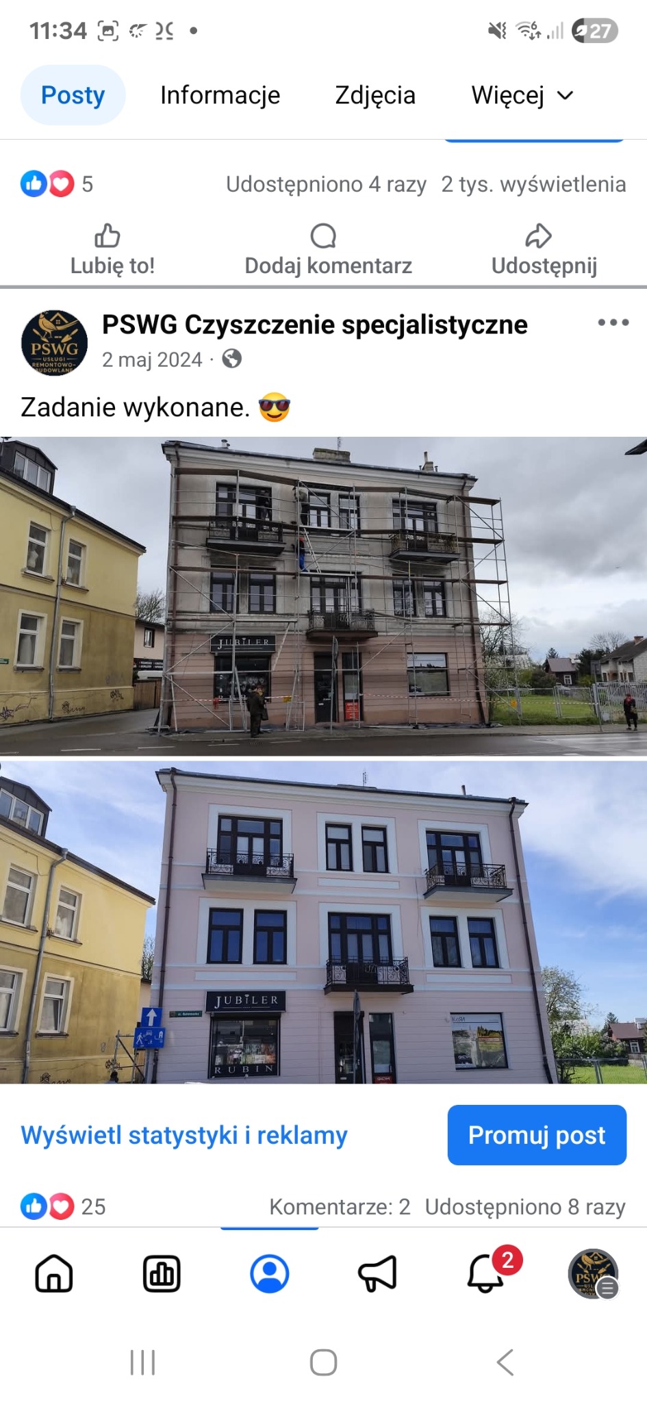 Porównanie elewacji budynku przed i po czyszczeniu. Na górnym zdjęciu widoczne rusztowania, na dolnym odnowiona, różowa fasada z ciemnymi oknami i balkonami.