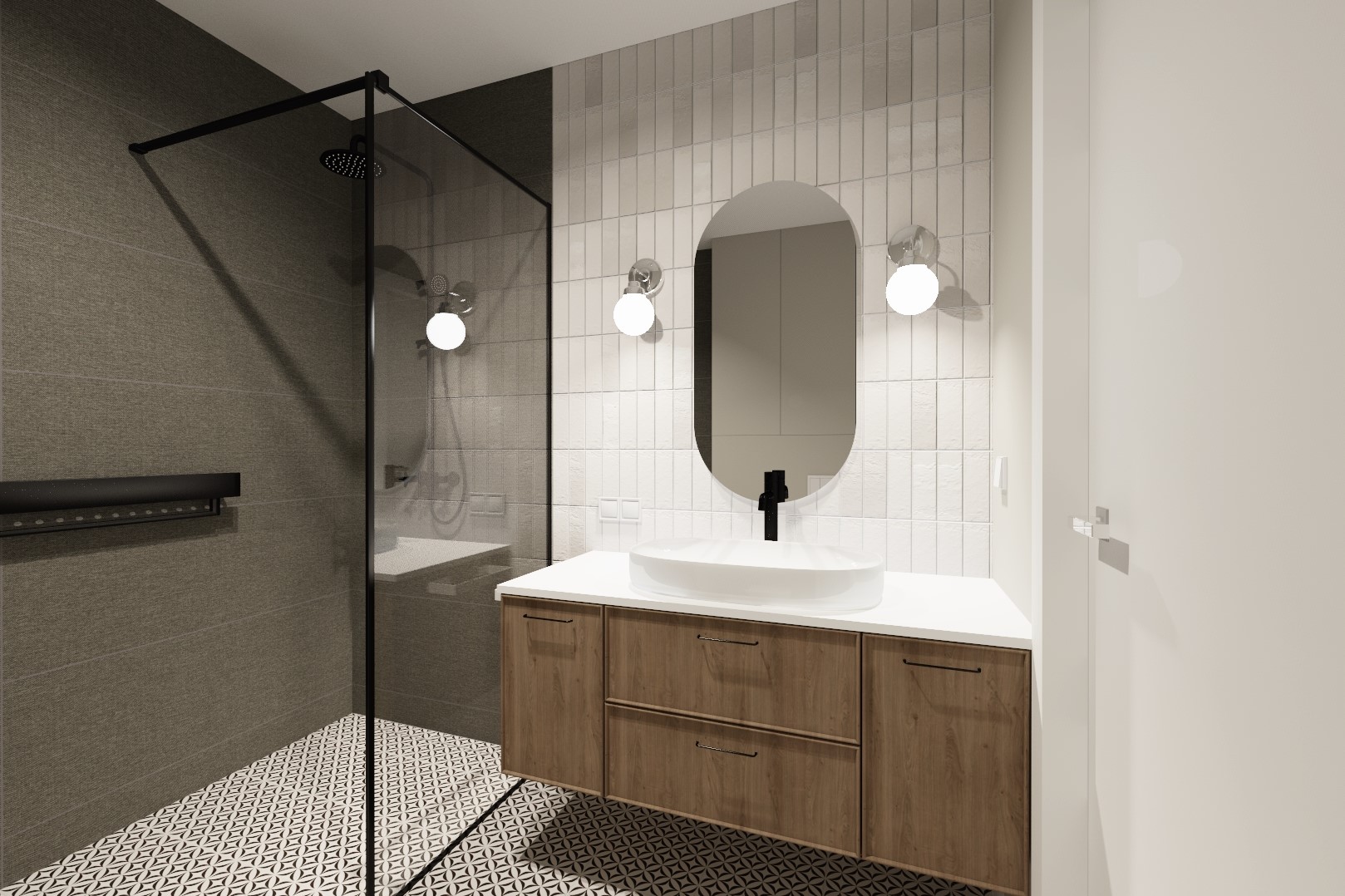 Nowoczesna łazienka z kabiną prysznicową typu walk-in, umywalką nablatową na drewnianej szafce i owalnym lustrem podświetlonym dwoma okrągłymi lampami.