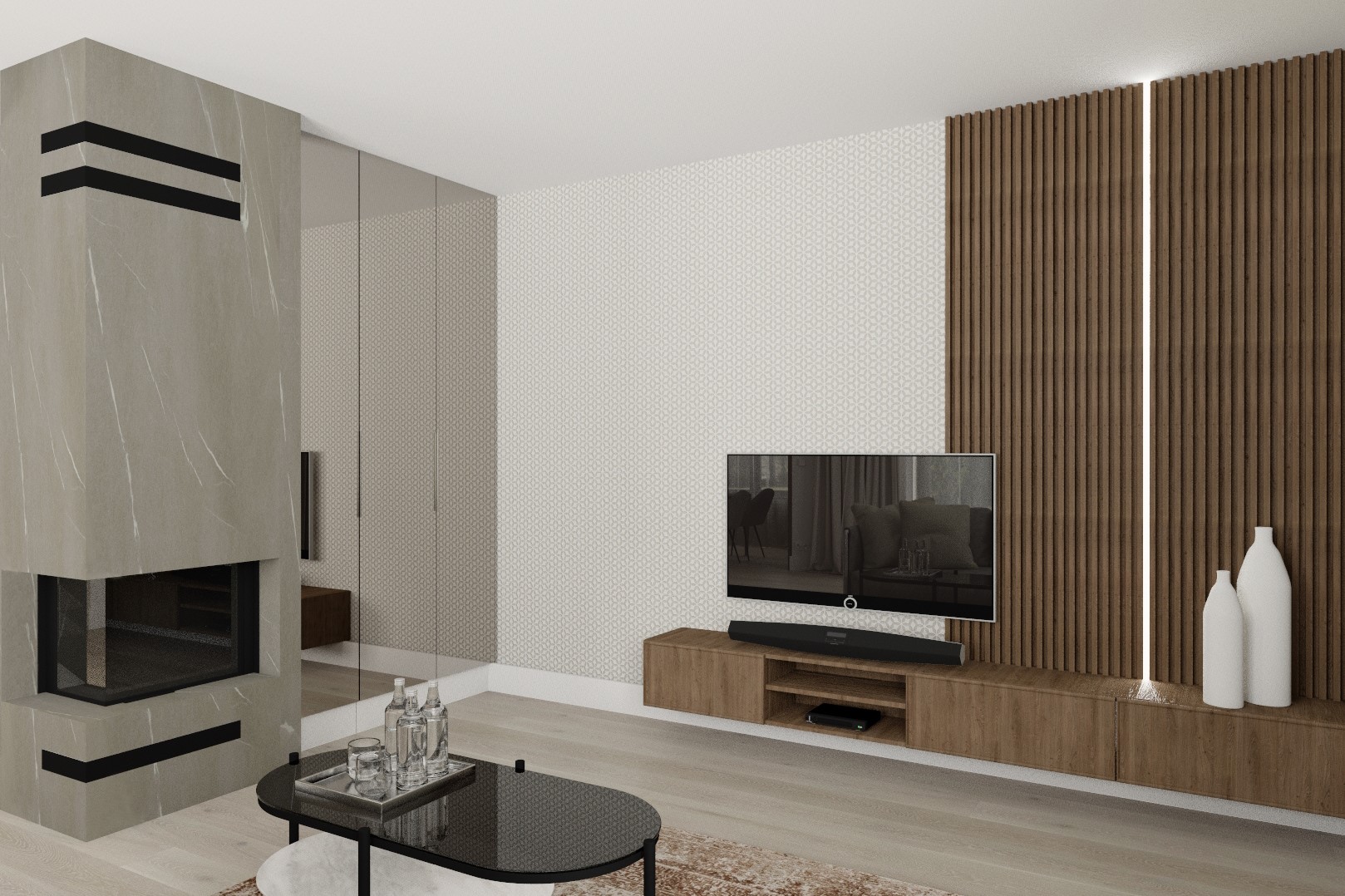 Wizualizacja salonu z nowoczesnym kominkiem z szarego kamienia z czarnymi akcentami, drewnianą ścianą z podświetleniem LED, telewizorem i stolikiem kawowym z szklanym blatem.