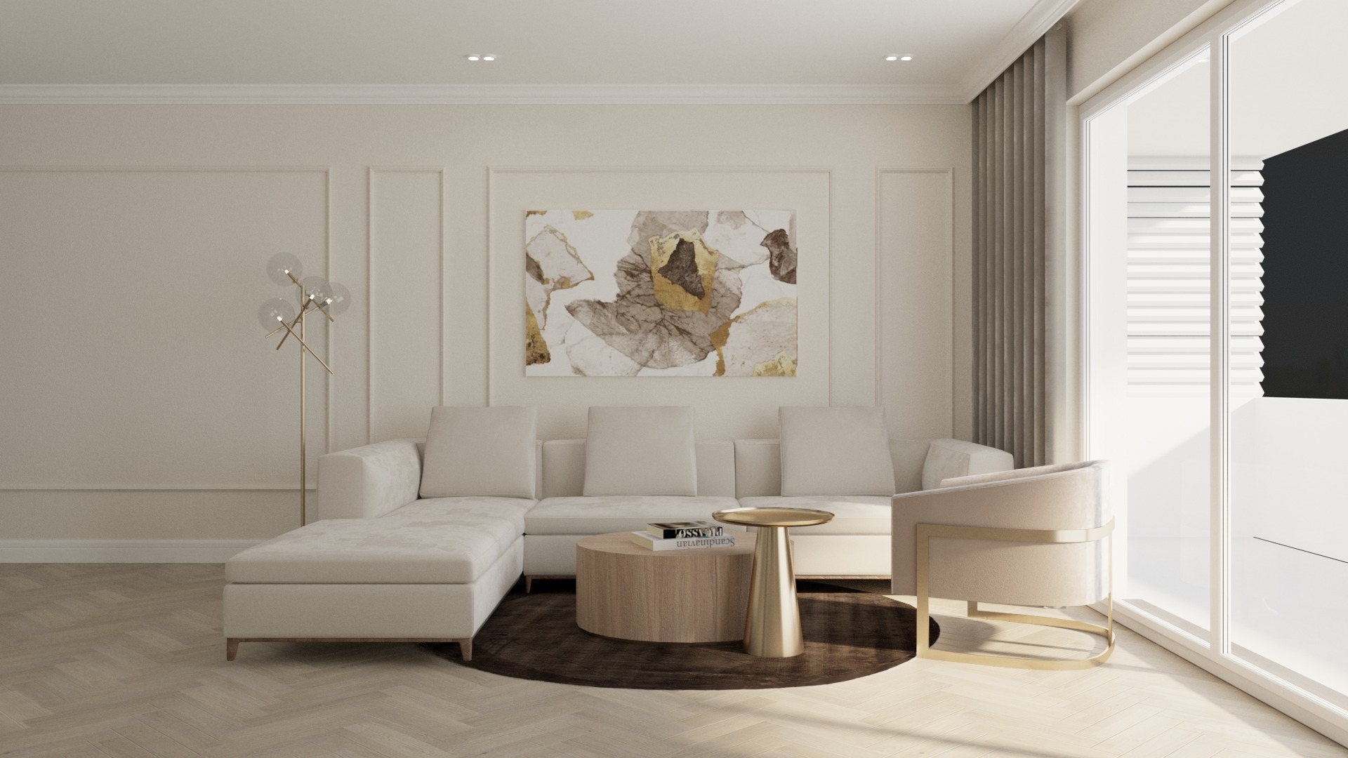 Elegancki salon w odcieniach beżu z modułową sofą, okrągłym stolikiem kawowym i złotymi akcentami, oświetlony lampą podłogową i naturalnym światłem z okna.