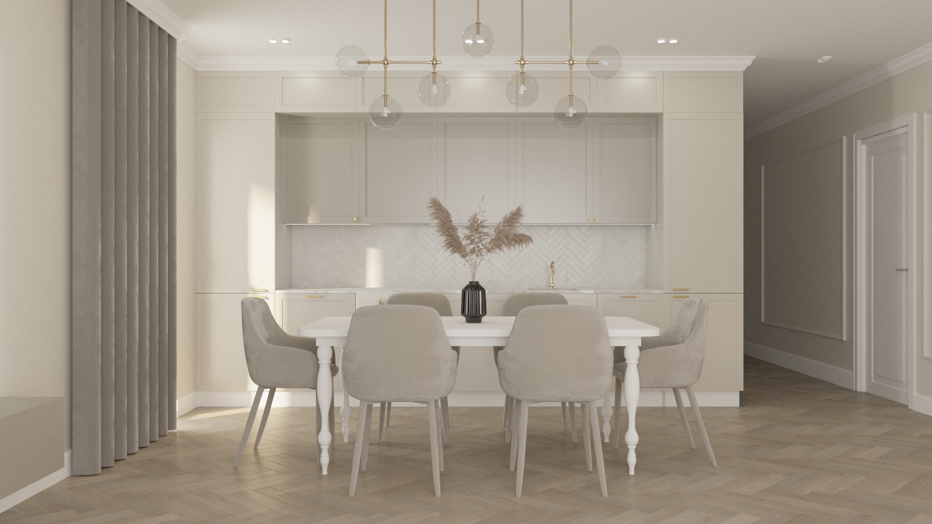 Beżowa jadalnia z białym stołem, krzesłami w kolorze taupe i dekoracyjną lampą wiszącą z kulistymi kloszami; w tle zabudowa kuchenna z jasnymi frontami i dekoracyjnym panelem ściennym w jodełkę.