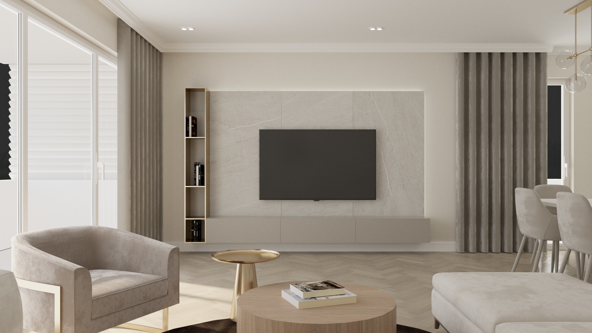 Salon w odcieniach beżu z telewizorem na ścianie z marmurowym wzorem, obok regał, a przed nim stolik kawowy z książkami i fotel z weluru.