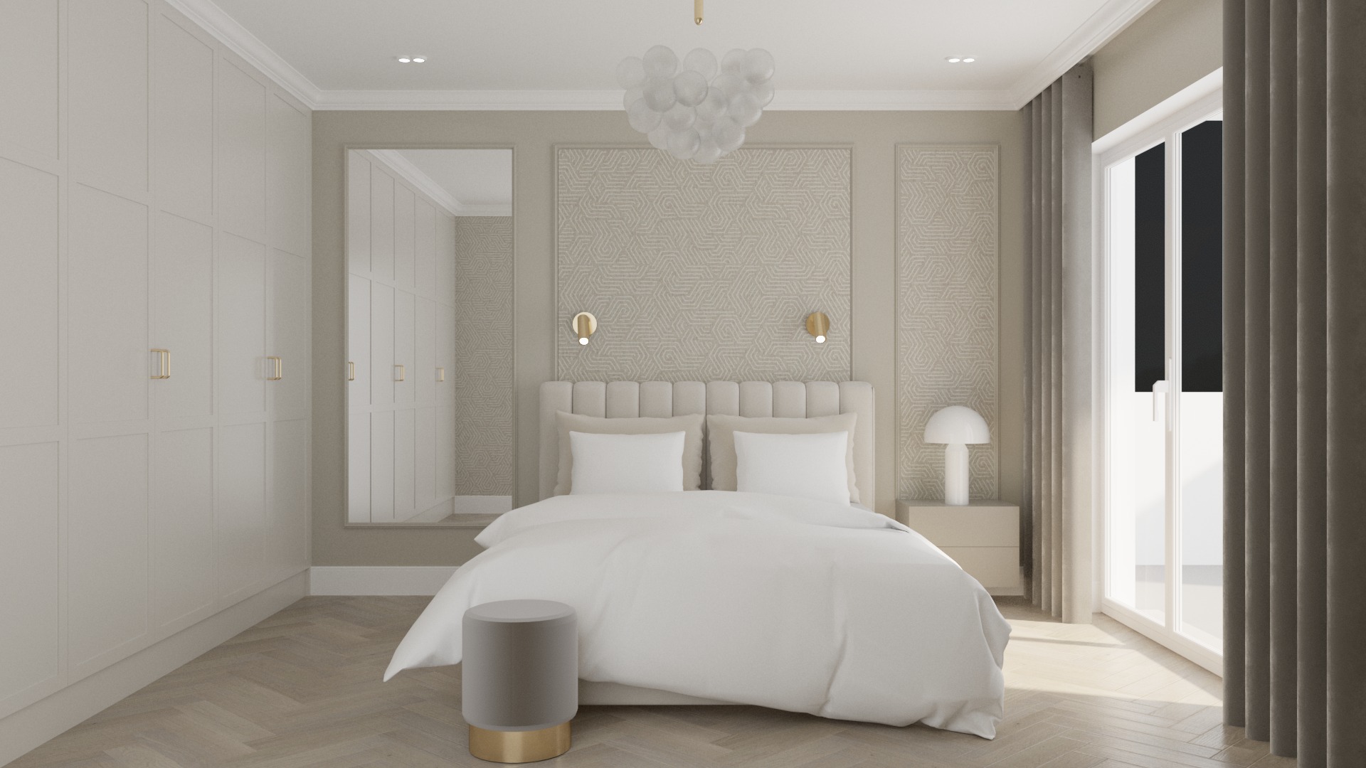 Jasna sypialnia w neutralnych barwach z parkietem w jodełkę, dużym łóżkiem z tapicerowanym wezgłowiem, szafą w zabudowie i lustrem.