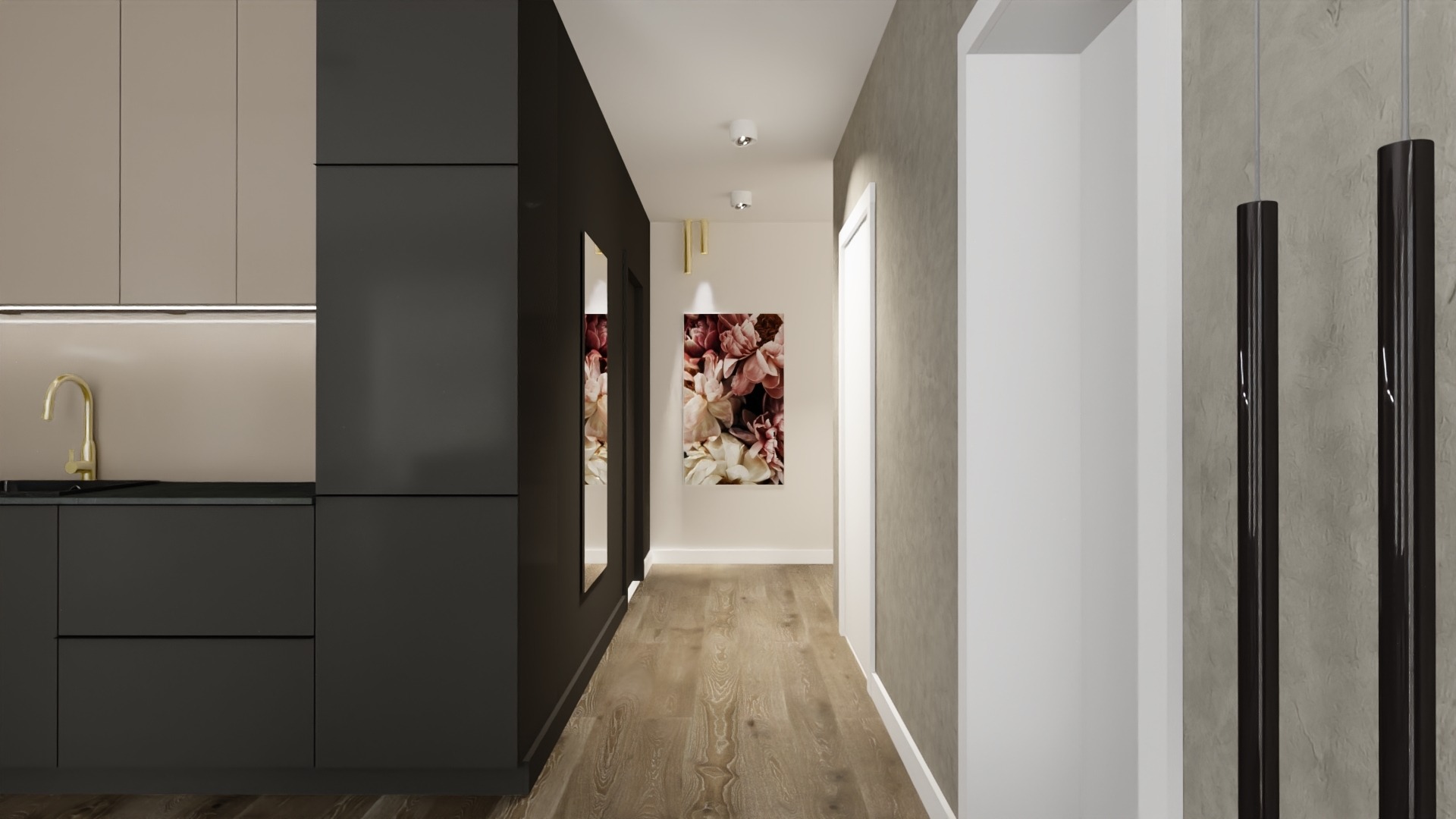 Nowoczesny korytarz z zabudową kuchenną w odcieniach szarości i beżu, drewnianą podłogą, lustrem, obrazem z motywem kwiatowym i czarnymi lampami wiszącymi.