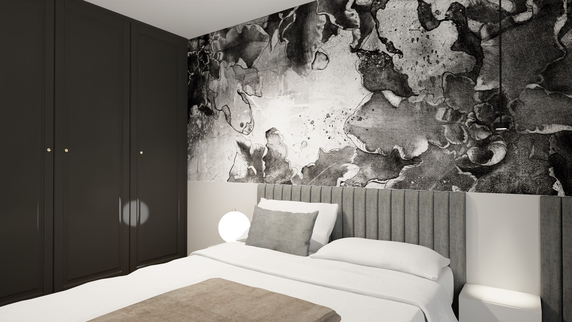 Sypialnia z tapetą w abstrakcyjne wzory, szarą tapicerowaną ramą łóżka i ciemną szafą wnękową.