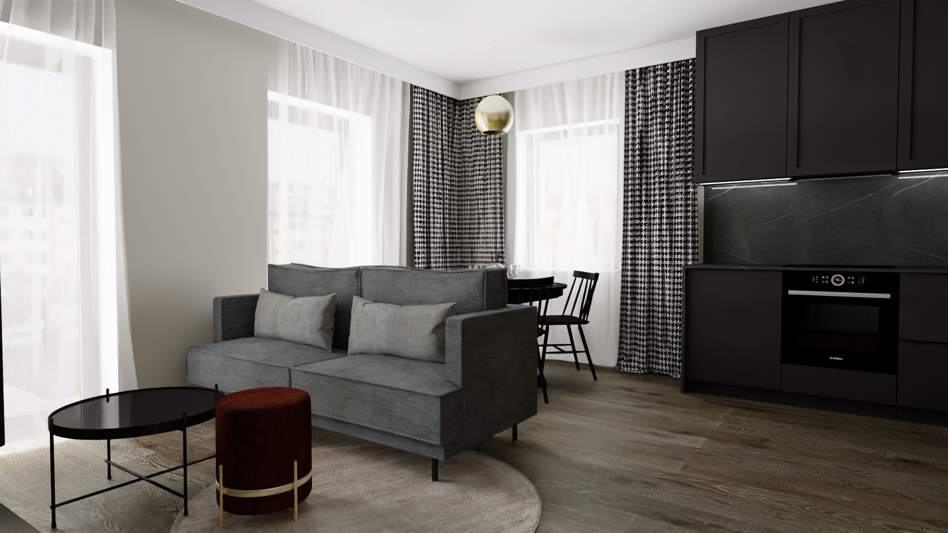 Wizualizacja wnętrza mieszkania: szara sofa z poduszkami, okrągły stolik kawowy, bordowy puf, czarna zabudowa kuchenna z marmurowym blatem, stół z krzesłami oraz okna z białymi i wzorzystymi...