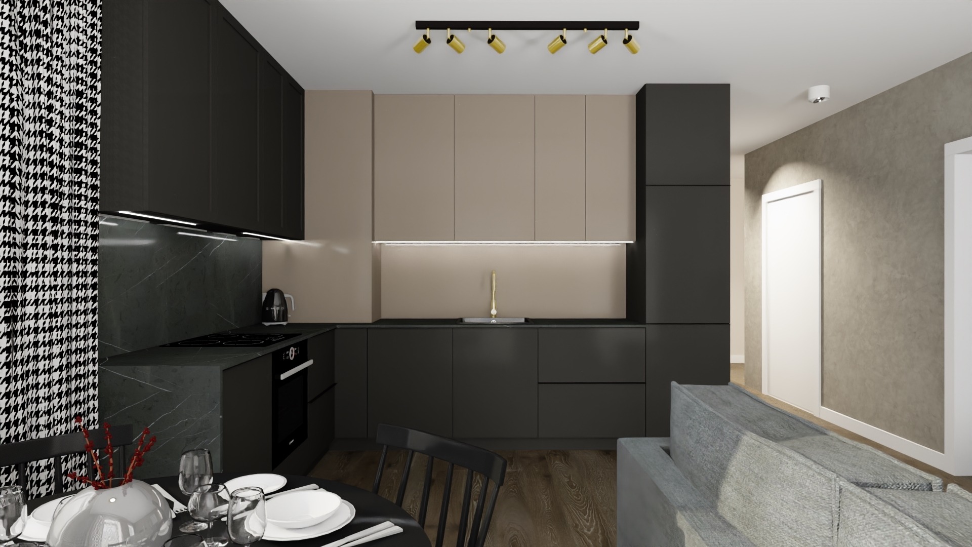 Nowoczesna kuchnia w odcieniach szarości i beżu z marmurowym blatem, oświetleniem punktowym i tapetą w pepitkę, widoczny stół z zastawą.