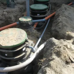 Montaż szamba ekologicznego w Gołymin-Ośrodek, widoczne czarne zbiorniki z zielonymi pokrywami w wykopie, połączone rurami.