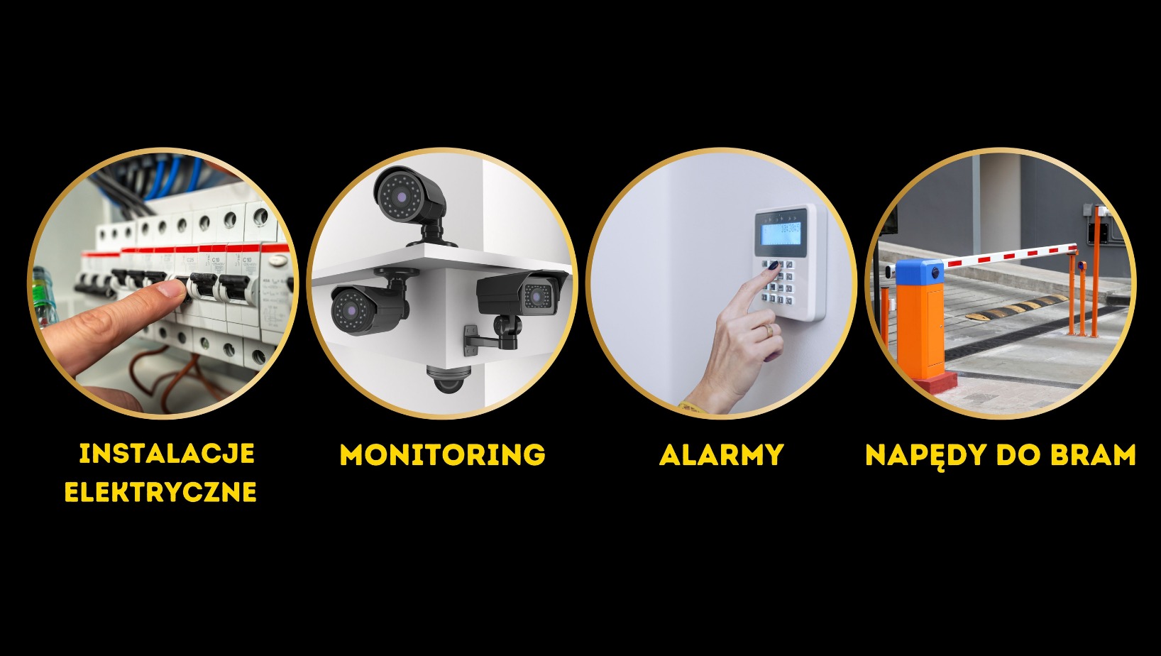 Kompozycja z czterech zdjęć: ręka włączająca wyłącznik różnicowoprądowy, zestaw kamer na białej półce, ręka wprowadzająca kod na klawiaturze alarmu, szlaban wjazdowy.