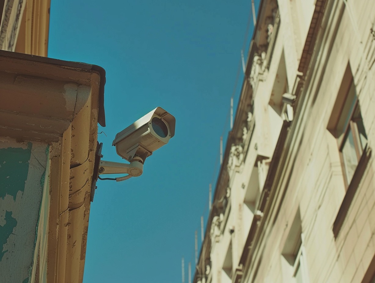 Kamera monitoringu zamontowana na rogu budynku z odpadającą farbą, skierowana w stronę błękitnego nieba i fasady kamienicy z licznymi oknami.