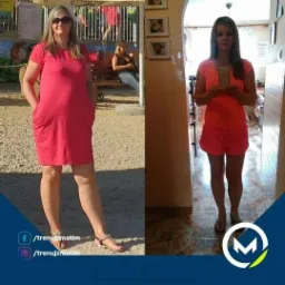 Kobieta w różowej sukience przed i po metamorfozie sylwetki, widoczne zmiany w wadze i kondycji fizycznej.