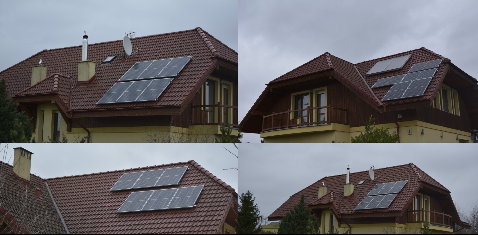 Kilka ujęć domu jednorodzinnego z panelami słonecznymi na dachu z czerwonej dachówki, widoczny komin, antena satelitarna i okna z balkonami, pochmurne niebo.