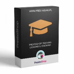 Pudełko z grafiką prezentującą szkolenia i lekcje z obsługi sklepu PrestaShop, z logiem PrestaGuru.pl i symbolem ukończenia studiów.