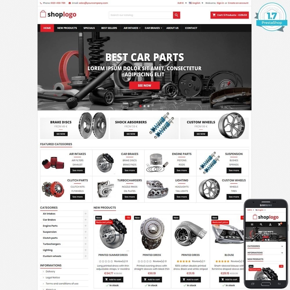 Strona główna sklepu internetowego z częściami samochodowymi, prezentująca logo, menu nawigacyjne, kategorie produktów (układ hamulcowy, zawieszenie, silnik) oraz ofertę 'zapytaj o DEMO' w banerze.