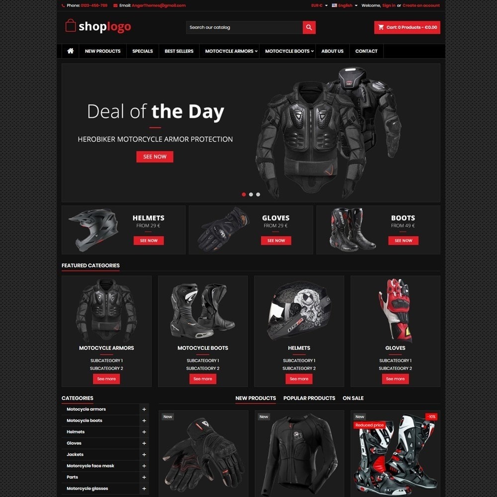 Układ strony głównej sklepu internetowego z motocyklowymi akcesoriami ochronnymi, prezentujący ofertę dnia na kombinezon motocyklowy Herobiker na czarnym tle, z nawigacją, kategoriami i przyciskami...
