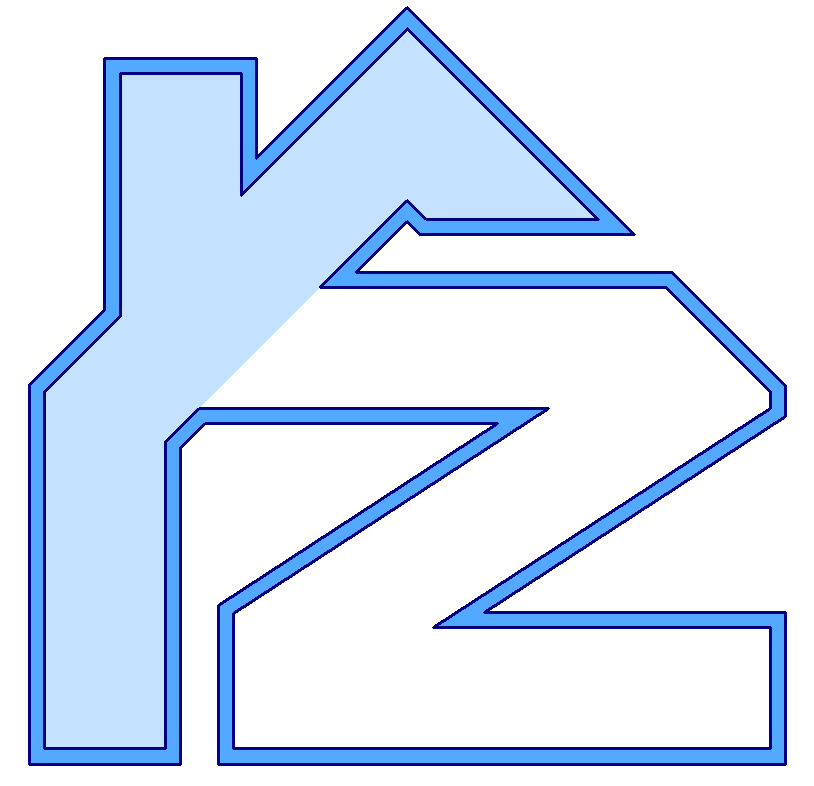 Abstrakcyjne logo w kształcie domu połączonego z literą Z, obrysowane niebieską linią i wypełnione jasnoniebieskim kolorem.