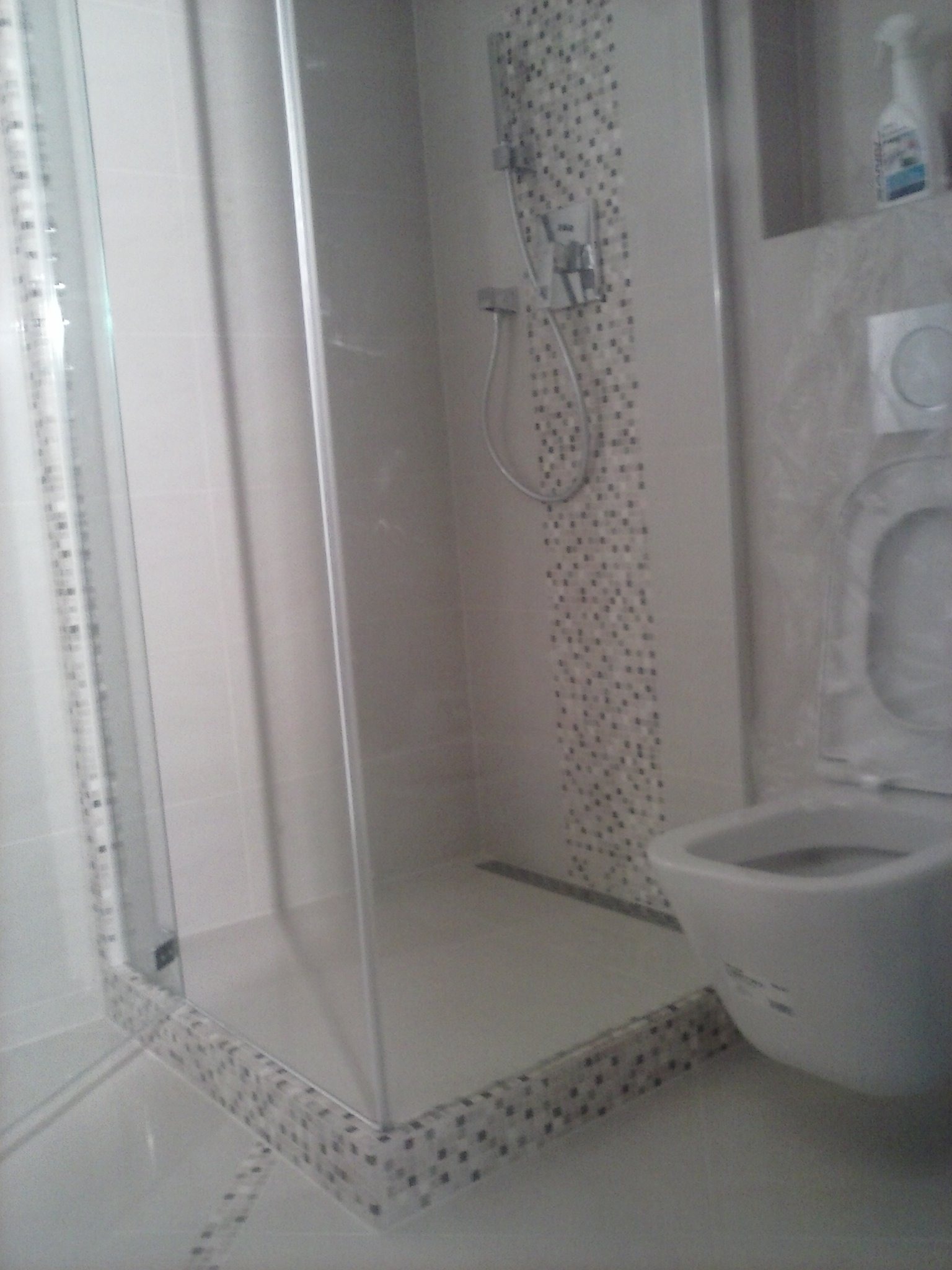 Nowoczesna kabina prysznicowa z mozaiką i toaleta w wykończonej łazience, widoczna butelka środka czyszczącego na półce.