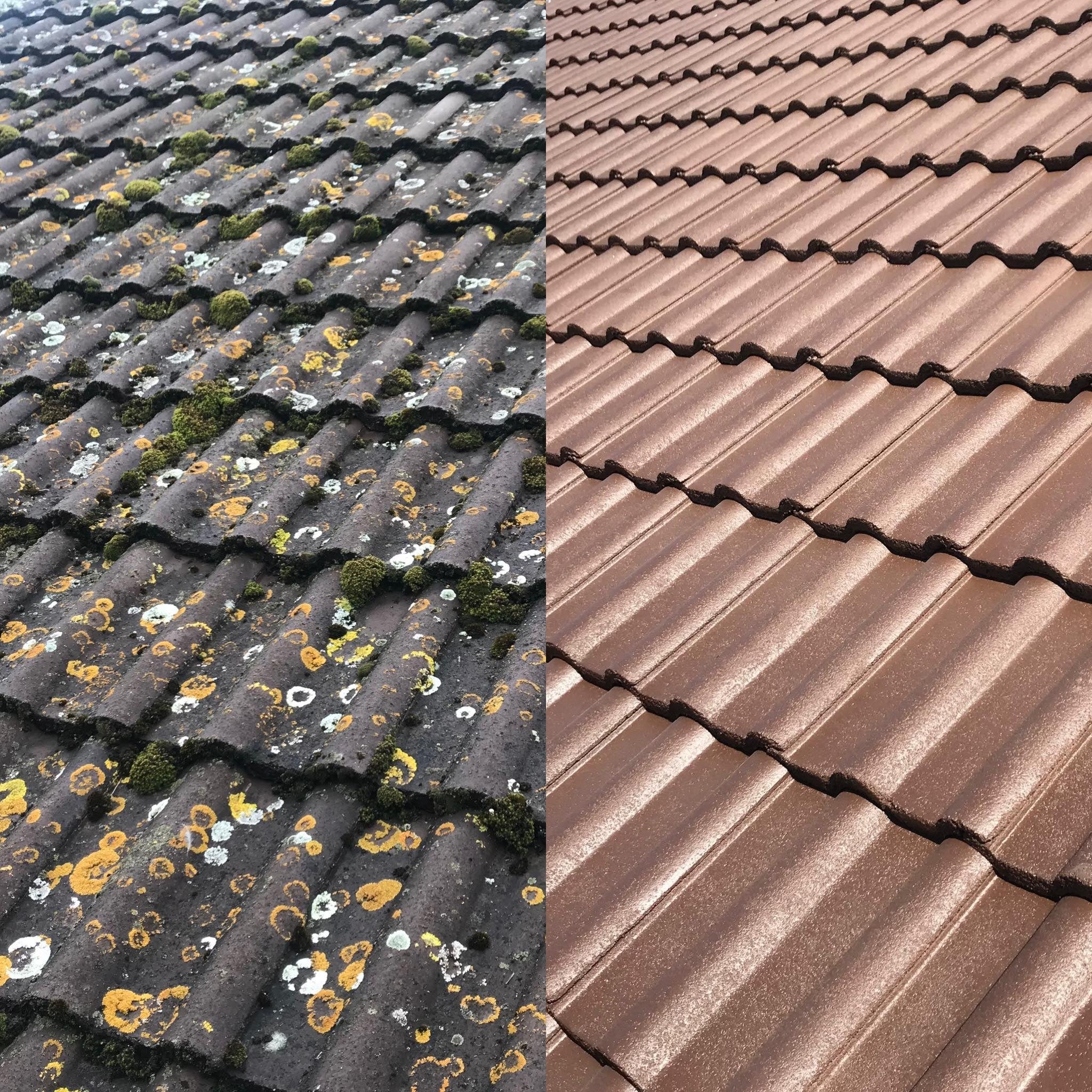 Porównanie dachu przed i po czyszczeniu: po lewej stronie dach pokryty mchem i porostami, po prawej czysty, brązowy dach z dachówki ceramicznej.