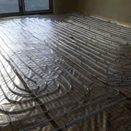 Rozłożona instalacja ogrzewania podłogowego z rurkami na folii z siatką, widoczne okno i fragment ściany w surowym stanie.