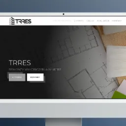Ekran komputera iMac wyświetlający stronę internetową firmy remontowo-budowlanej TRRES z elementami planu architektonicznego, pędzla i próbek kolorów w tle.