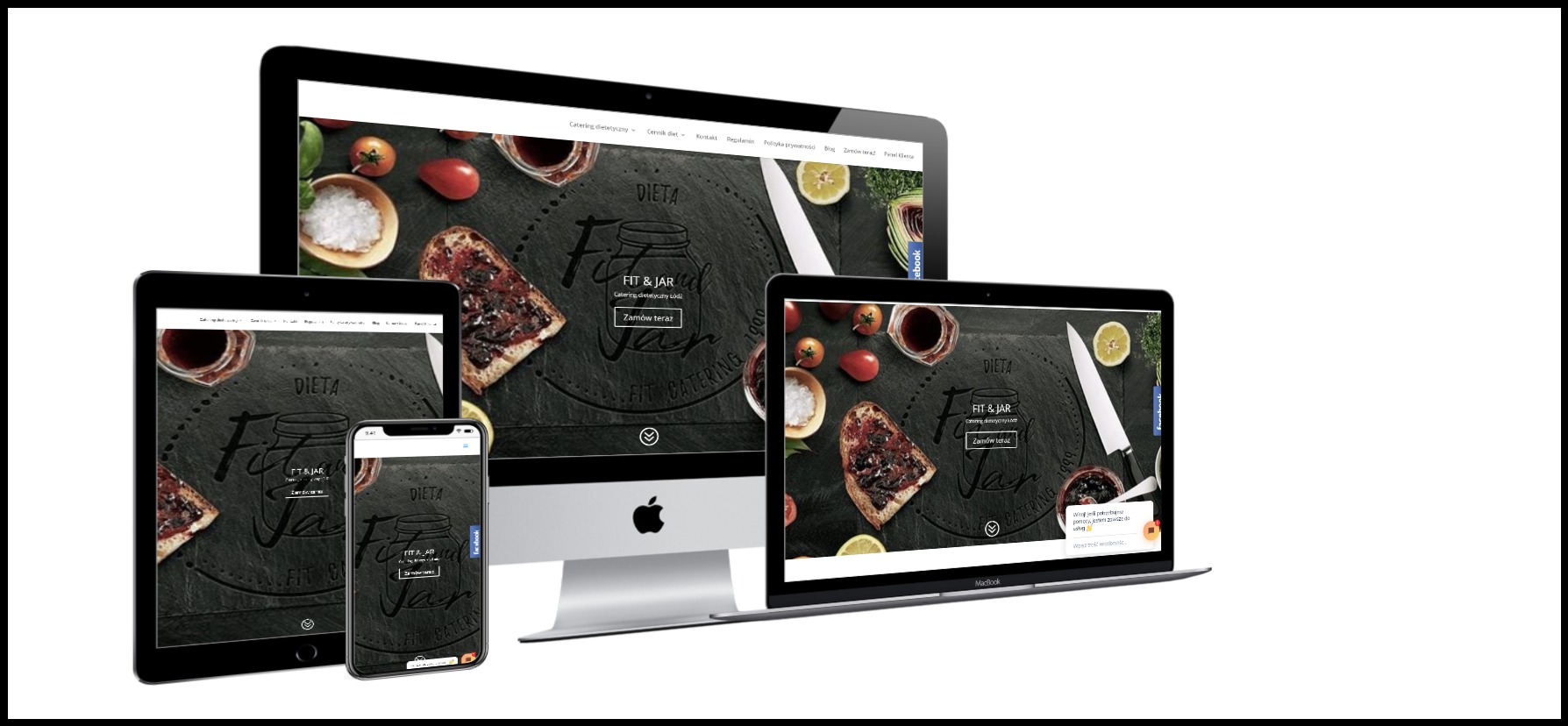 Responsywny układ strony internetowej 'Fit & Jar' catering dietetyczny, wyświetlany na monitorze iMac, tablecie, smartfonie i laptopie MacBook, prezentujący spójny design na różnych urządzeniach.