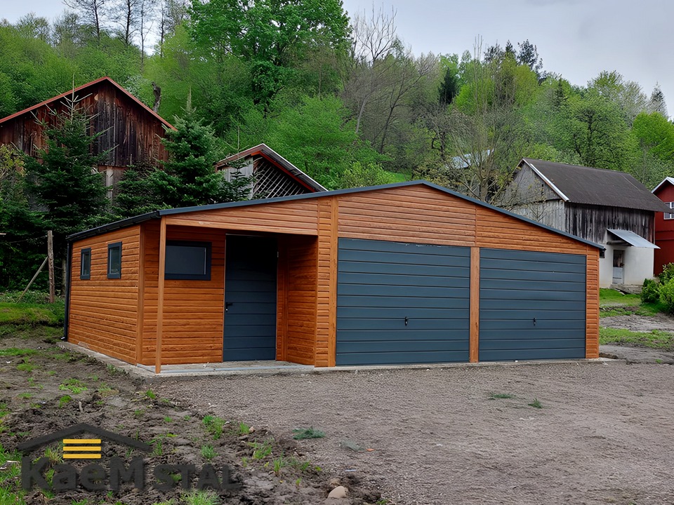 Garaż blaszany 9x6 z wnęką 2,5x1 w kolorze złoty dąb jasny + grafit MAT