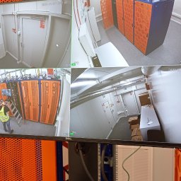 Yurii Volotkovskyi - Ekran monitora z podglądem z kamer przemysłowych w serwerowni, widoczne szafy rack z pomarańczowymi panelami i pracownik na drabinie.