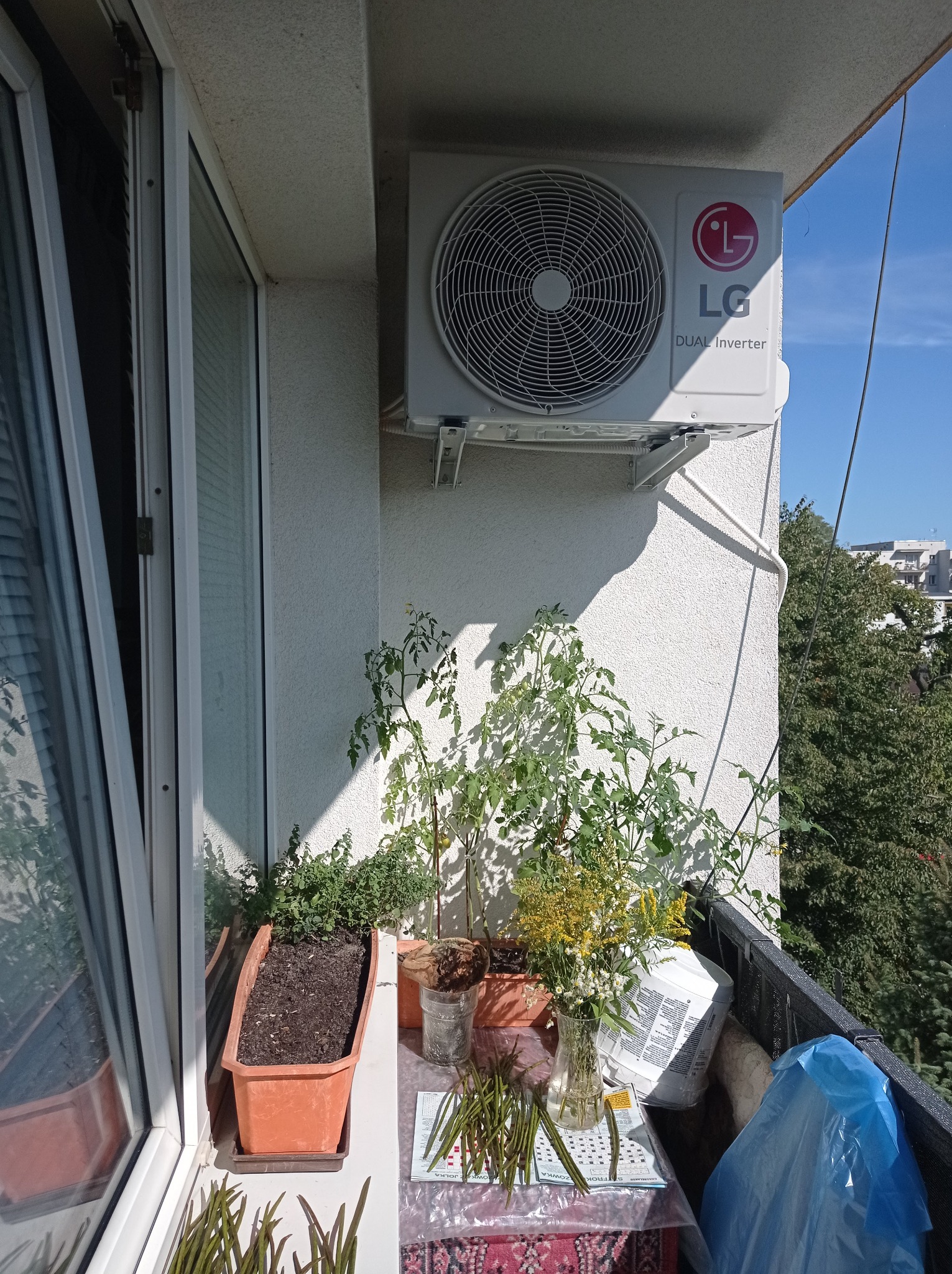 Zewnętrzna jednostka klimatyzatora LG zamontowana na ścianie balkonu, obok okna, z widocznymi roślinami w doniczkach i innymi przedmiotami na stole balkonowym.