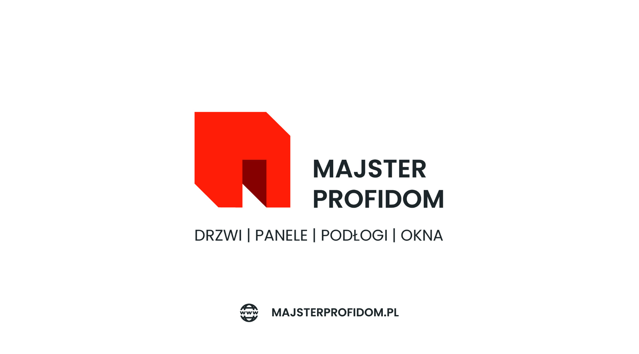 Logo firmy Majster Profidom z czerwonym symbolem domu i tekstem DRZWI | PANELE | PODŁOGI | OKNA oraz adresem strony internetowej.