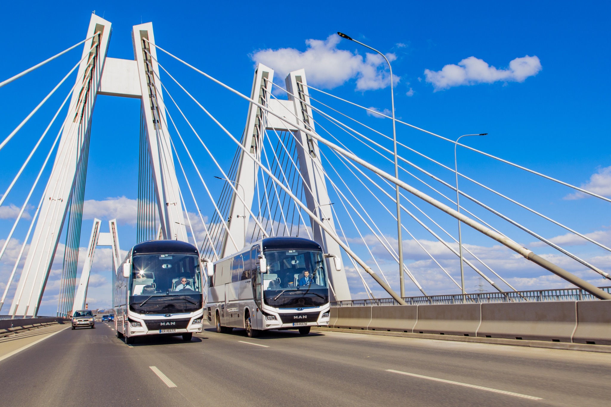 Dwa białe autokary marki MAN jadą po moście wiszącym w słoneczny dzień, z widocznymi elementami konstrukcji mostu i błękitnym niebem w tle.