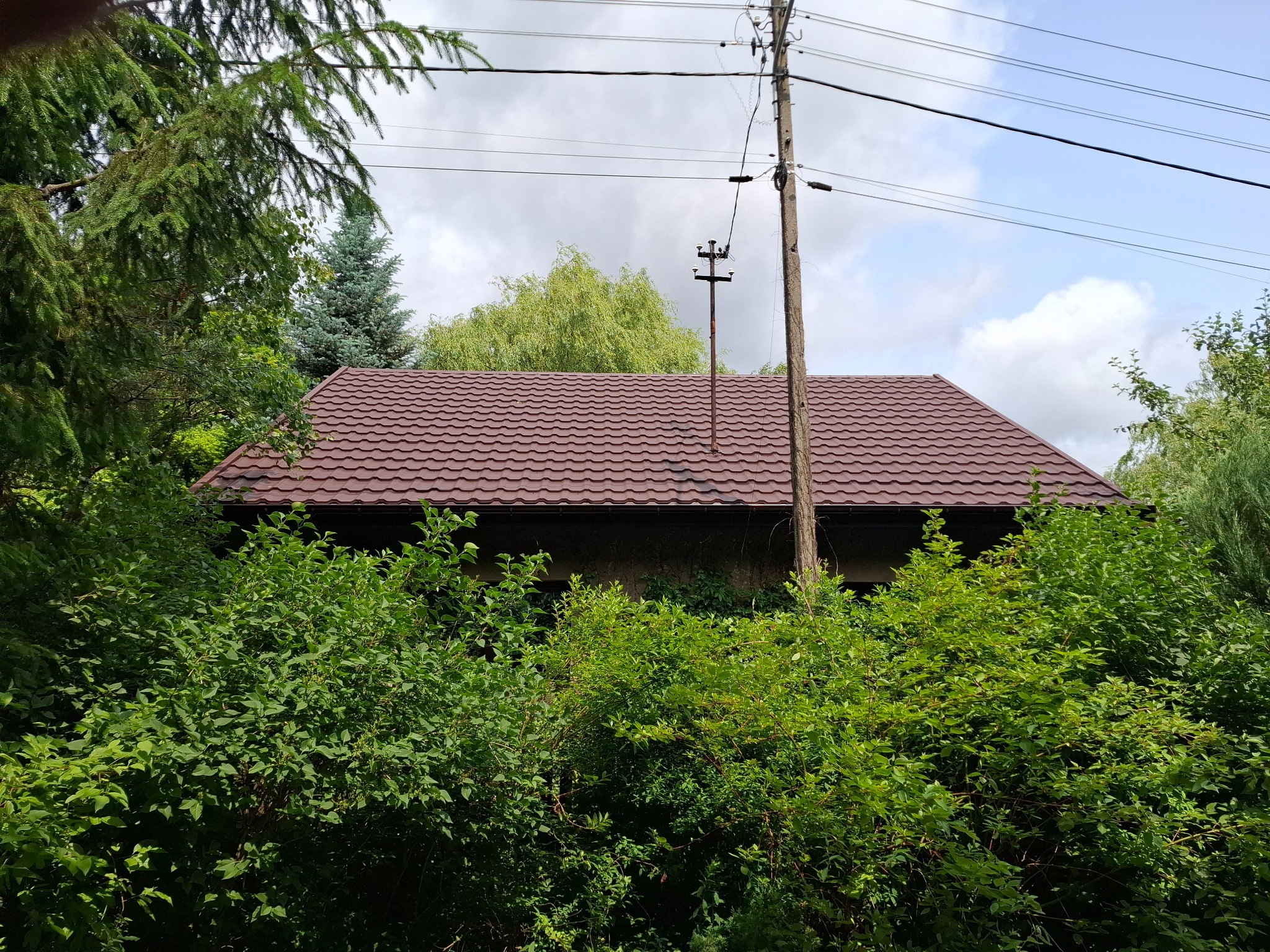 Dom z brązowym dachem krytym blachodachówką, częściowo zasłonięty zielenią, z widocznym słupem energetycznym w tle.