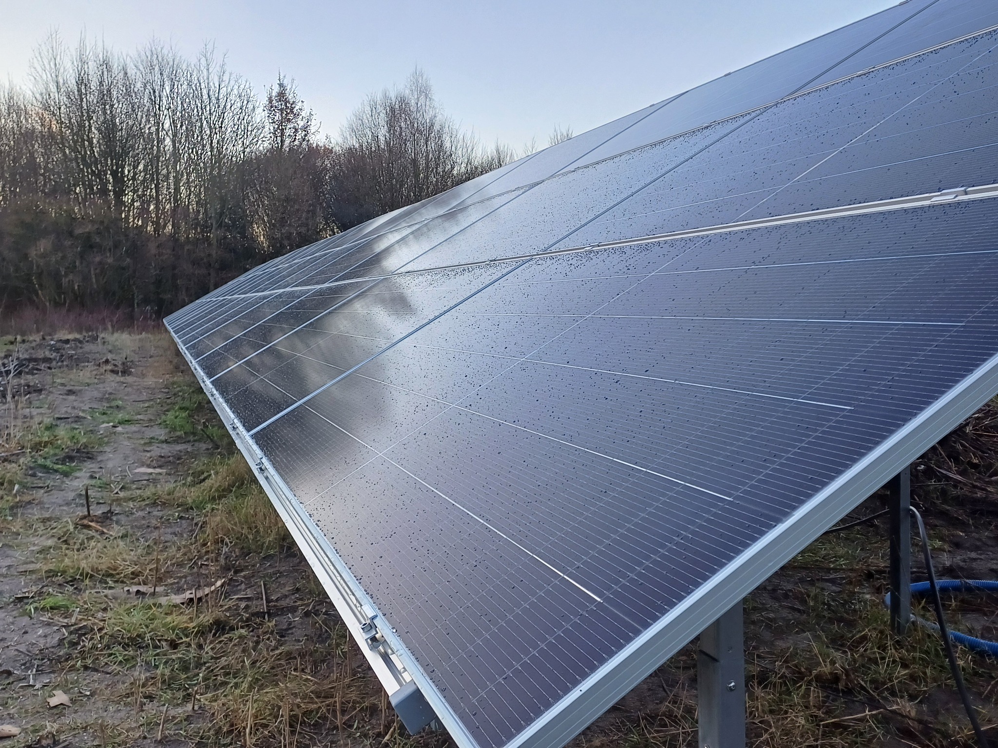 Panel fotowoltaiczny z kroplami wody na powierzchni, ustawiony na metalowej konstrukcji na zewnątrz, w tle drzewa bez liści pod błękitnym niebem.