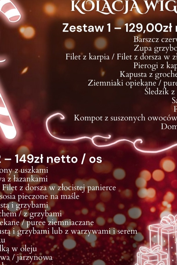Menu wigilijne z cenami zestawów i potrawami, w tle dekoracje świąteczne i prezenty.