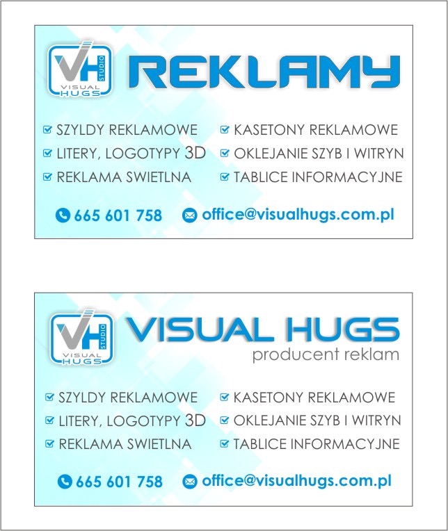 Reklamowa wizytówka firmy Visual Hugs prezentująca zakres usług: szyldy, litery 3D, reklama świetlna, kasetony, oklejanie szyb i witryn, tablice informacyjne. Zawiera logo, adres e-mail i numer...