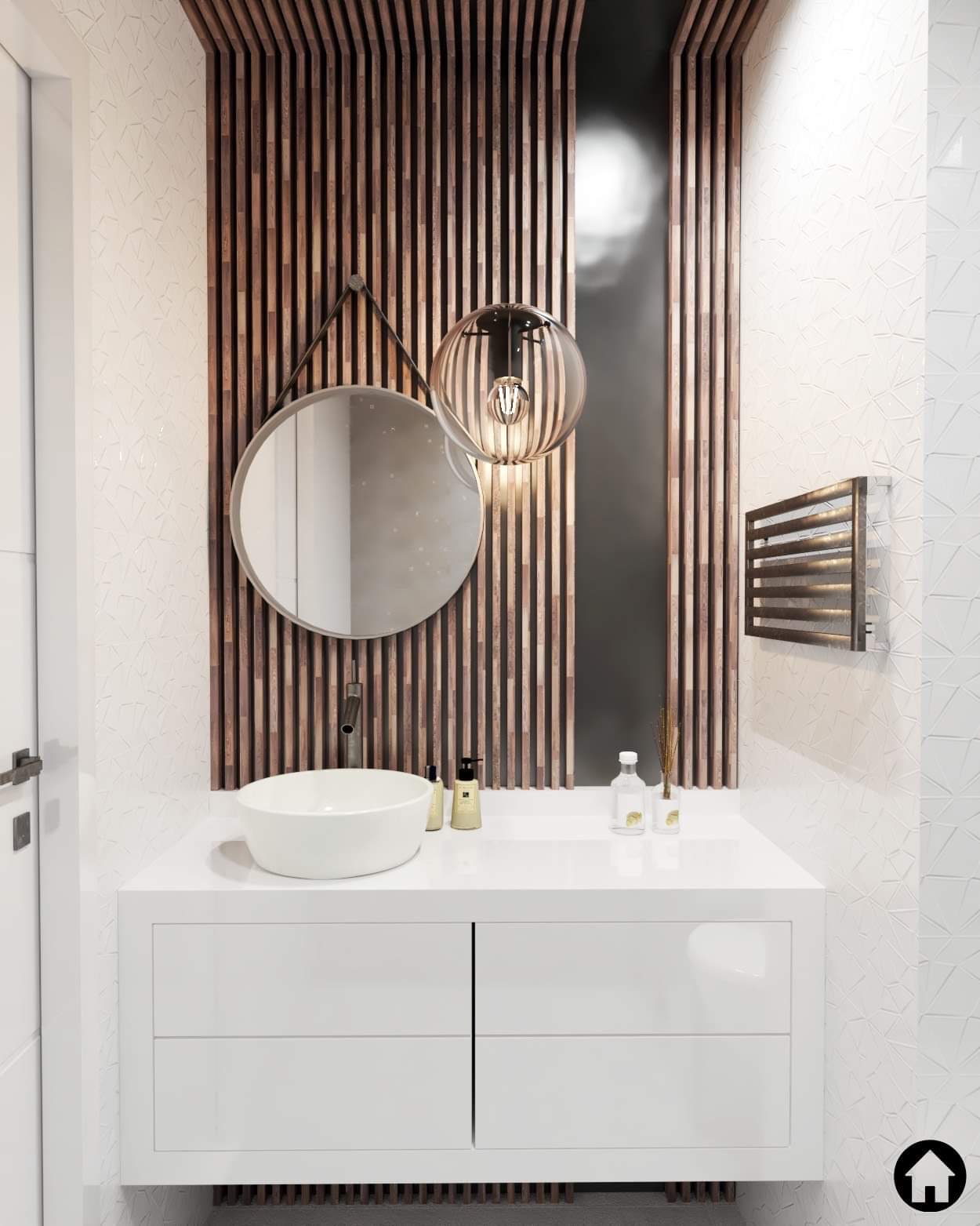 Nowoczesna łazienka z umywalką nablatową, okrągłym lustrem na pasku i dekoracyjną lampą wiszącą na tle ściany z drewnianych listew i geometrycznych płytek.
