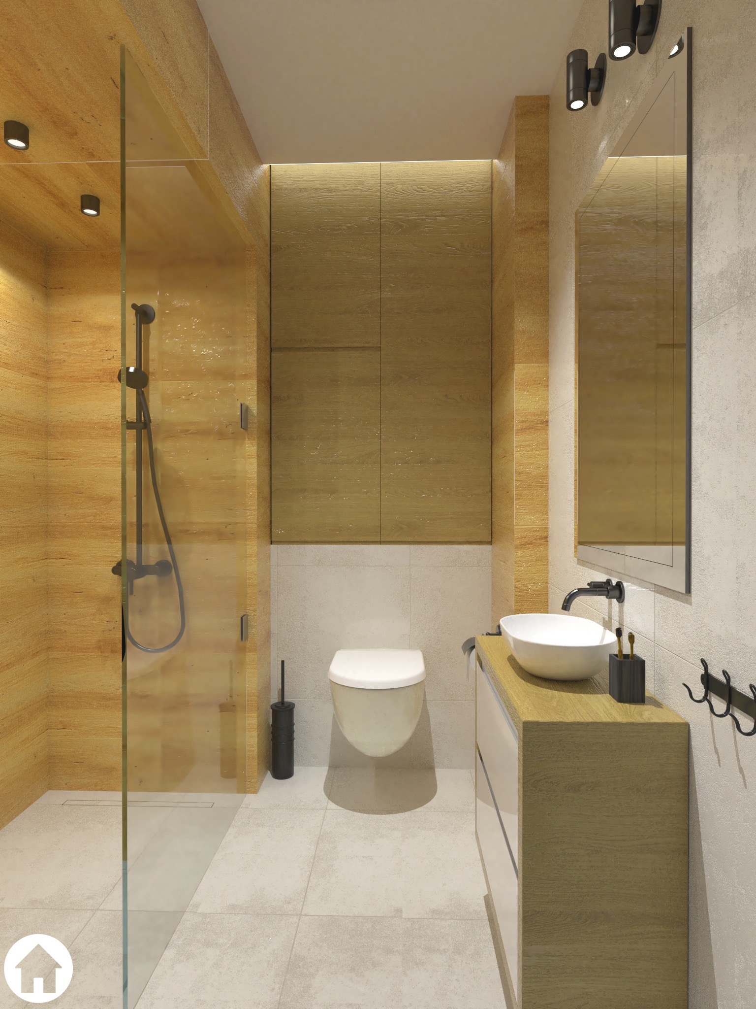 Wizualizacja łazienki z kabiną prysznicową typu walk-in, umywalką nablatową na szafce z drewnianym blatem, toaletą i drewnianymi panelami ściennymi z ukrytym oświetleniem.