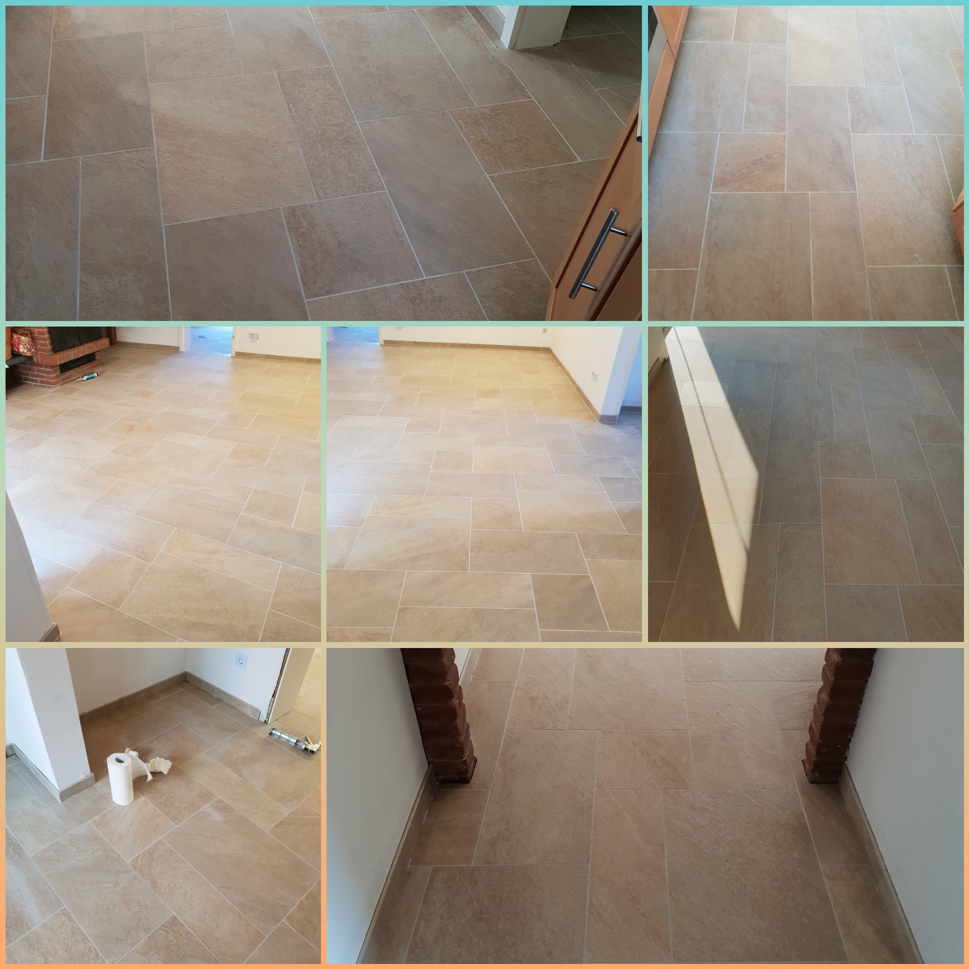 Beżowa podłoga z płytek ułożonych w różnych pomieszczeniach, widoczne fragmenty kuchni, salonu z kominkiem, korytarza z rolką papieru.