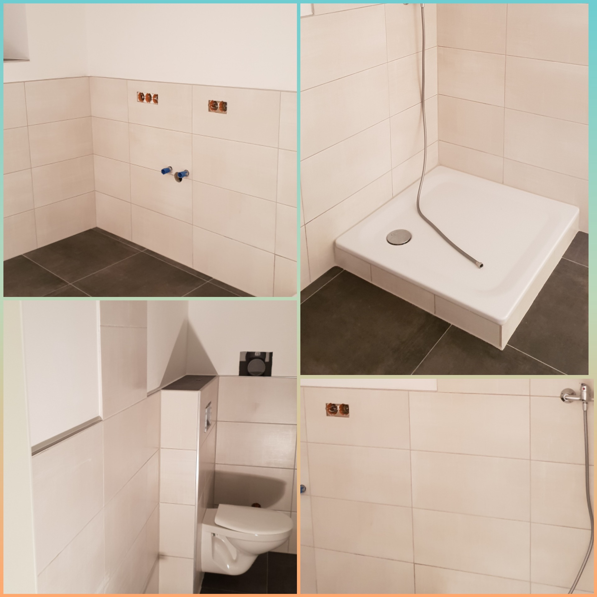 Cztery kadry z łazienki w trakcie remontu: widok na ścianę z instalacją wodną, brodzik z odpływem, toaleta podwieszana i bateria prysznicowa na ścianie z jasnymi płytkami i ciemną podłogą.