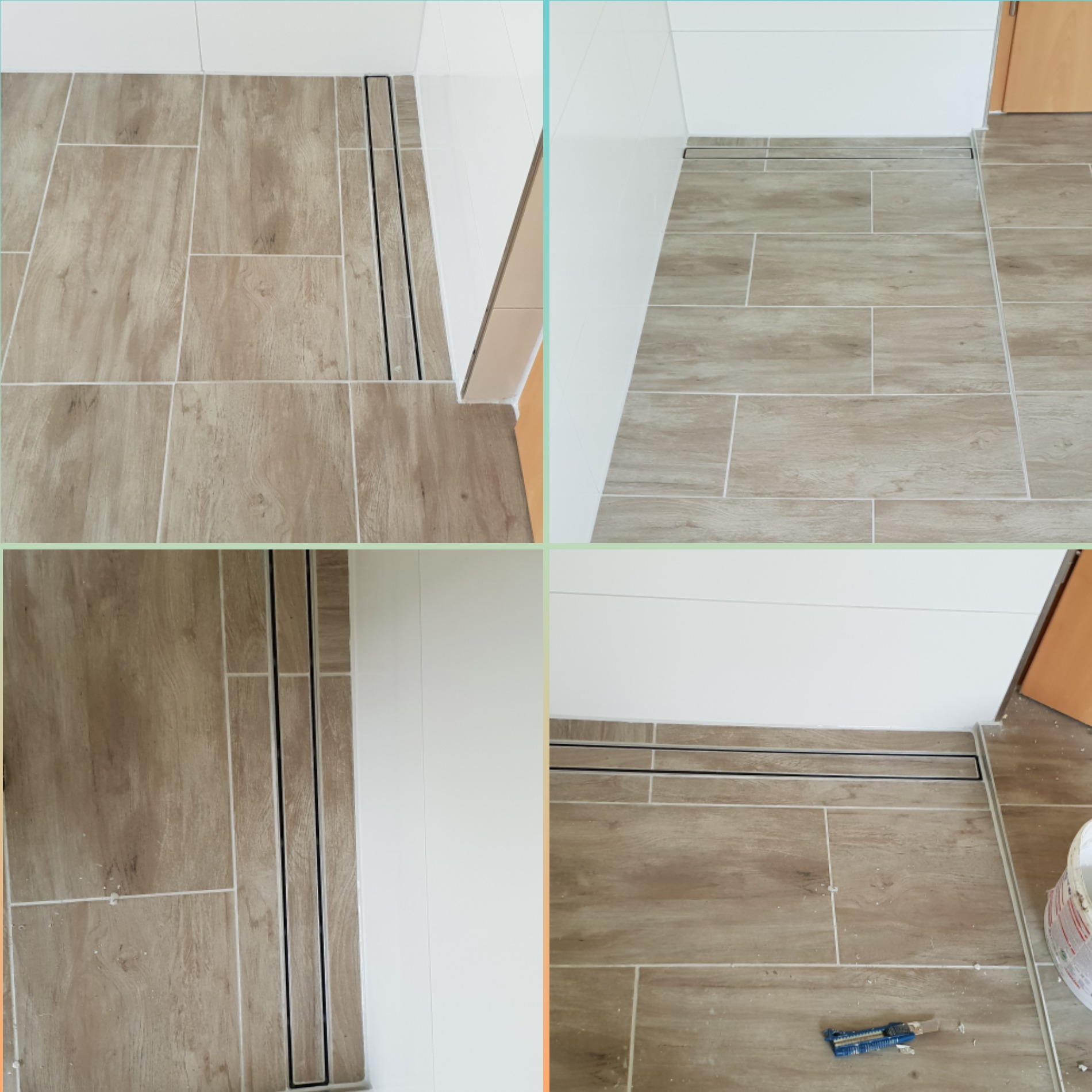 Cztery ujęcia fragmentu podłogi w łazience z ułożonymi płytkami imitującymi drewno i liniowym odpływem prysznicowym; widoczne białe ściany i fragment drzwi, na jednym ujęciu nóż do cięcia płytek...